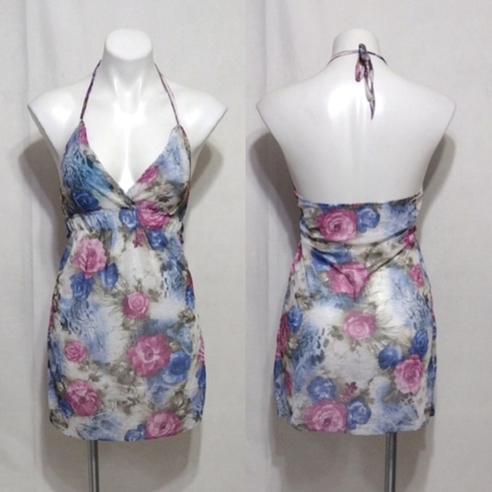 Floral Halter Backless Top Boho Festival Tunic Blouse Summer Tie Neck Small